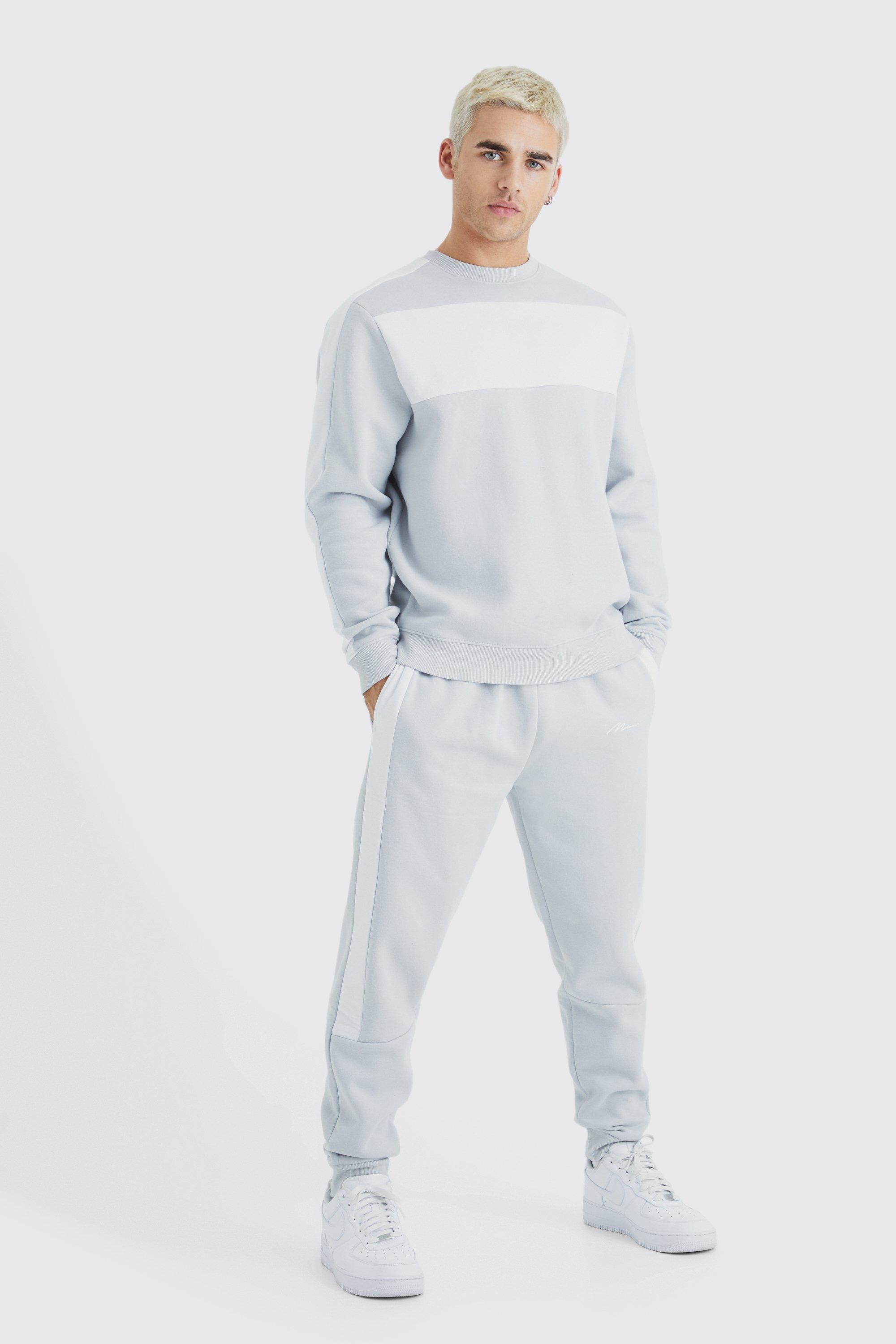 Mens Grey Colour Block Tape jumper Tracksuit, Grey